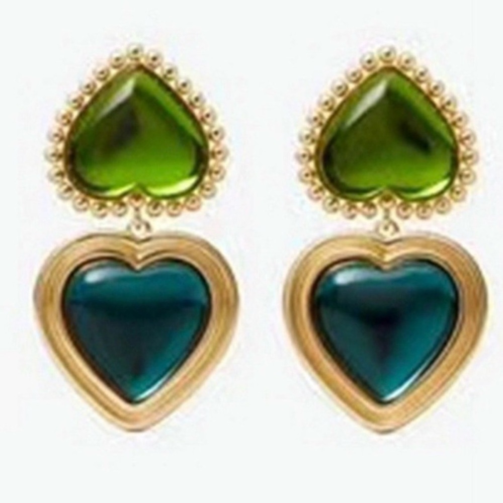 NEW Tory Burch Green & Blue heart drop clip-on earrings - Picture 1 of 10